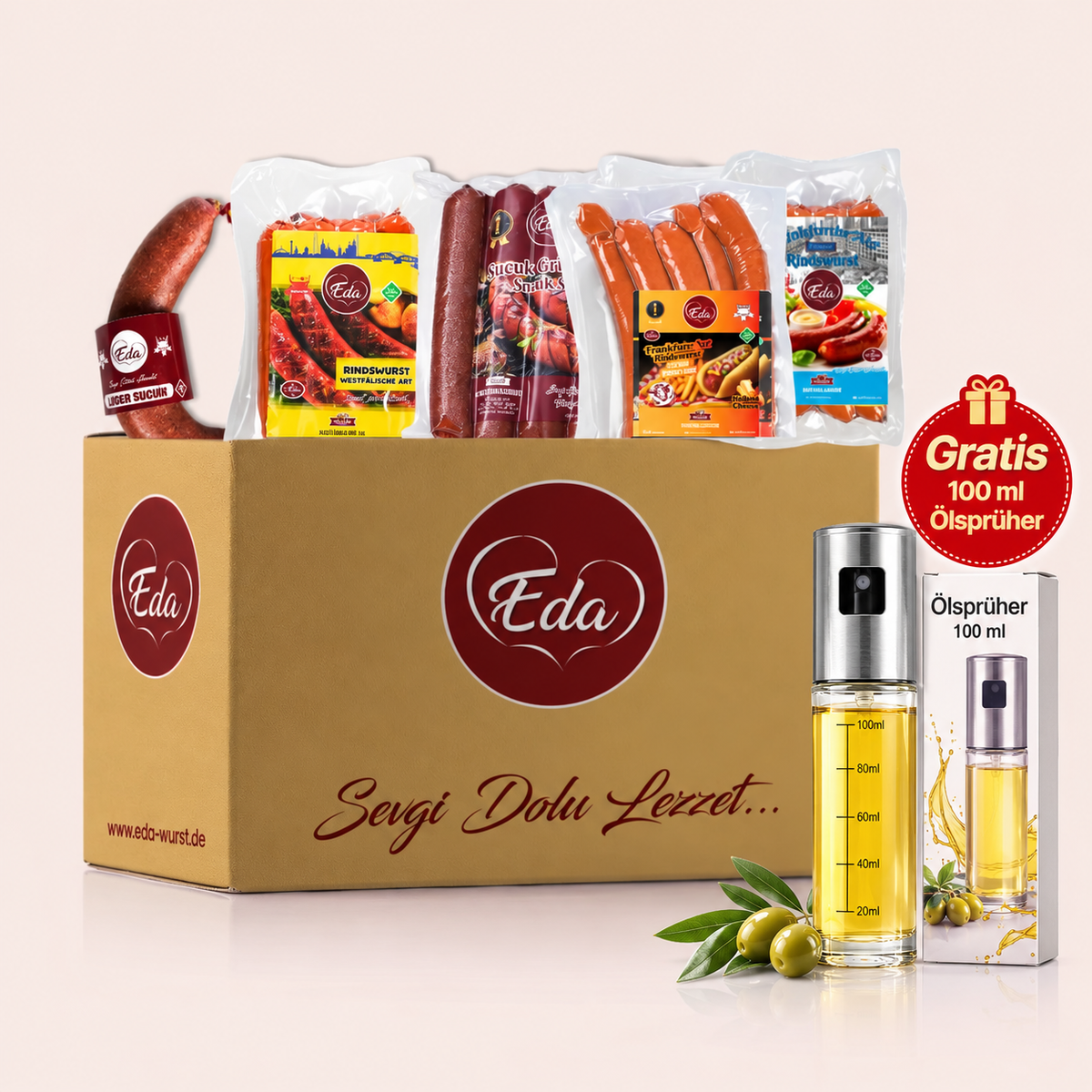 12 Packungen HALAL-Rindwürstchen + GRATIS Ölsprüher